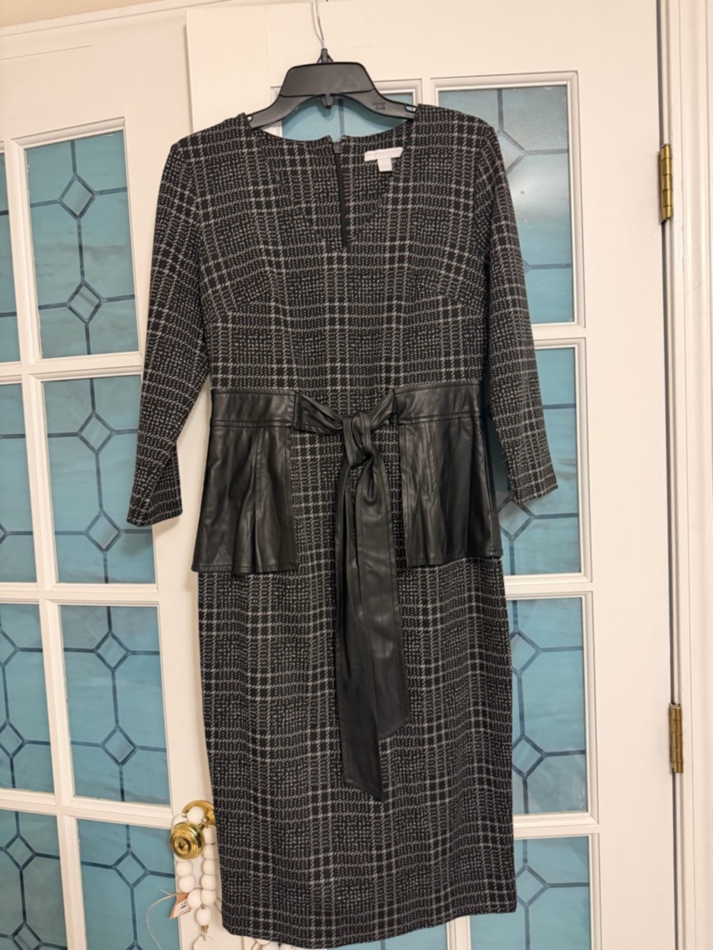 New York & Company Black and Gray Plaid Sheath Dress with Faux Leather Waist Tie